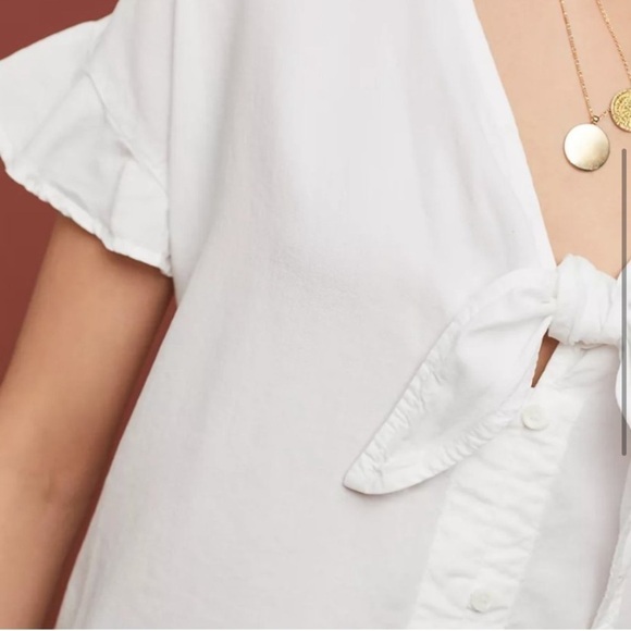 ANTHROPOLOGIE Cloth & Stone White Short Sleeve Button Front Tie Blouse XS - Picture 3 of 8